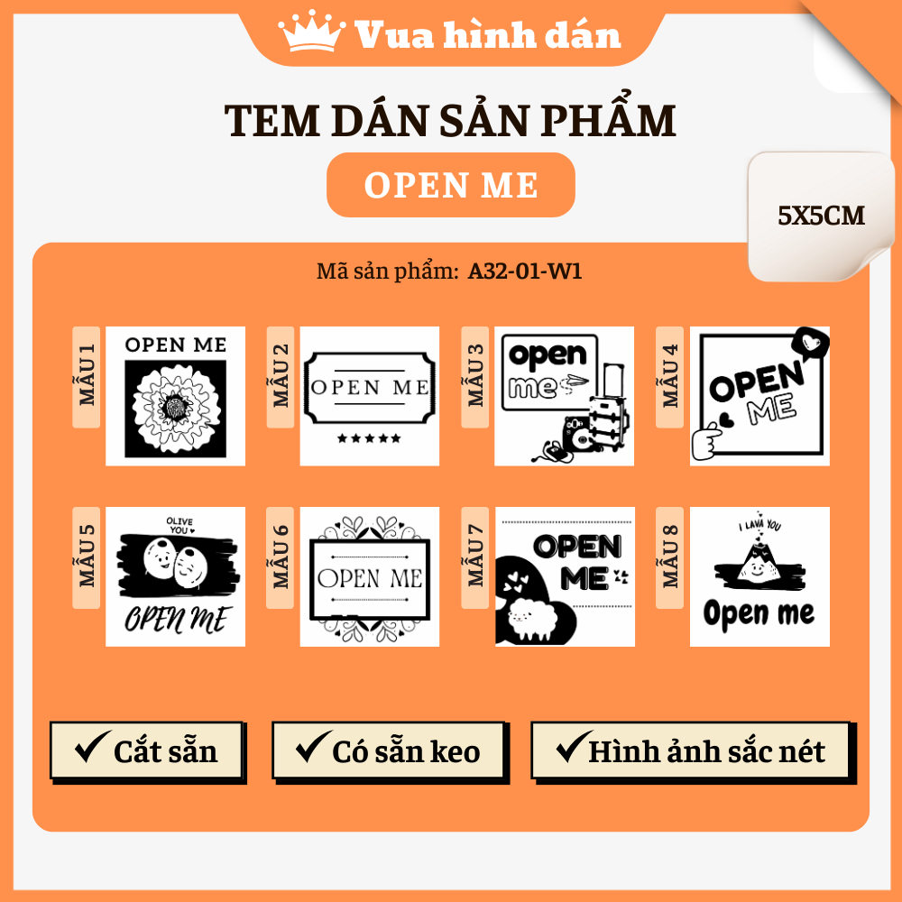 Set 50/100 sticker OPEN ME (5x5cm) - Tem open me, Tem dán đơn hàng, Tem dán niêm phong gói hàng dành