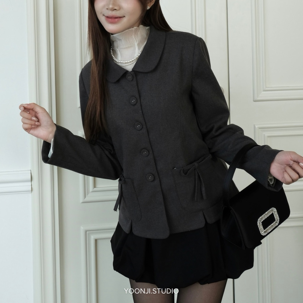 YOONJI - Áo khoác dạ cổ sen xám