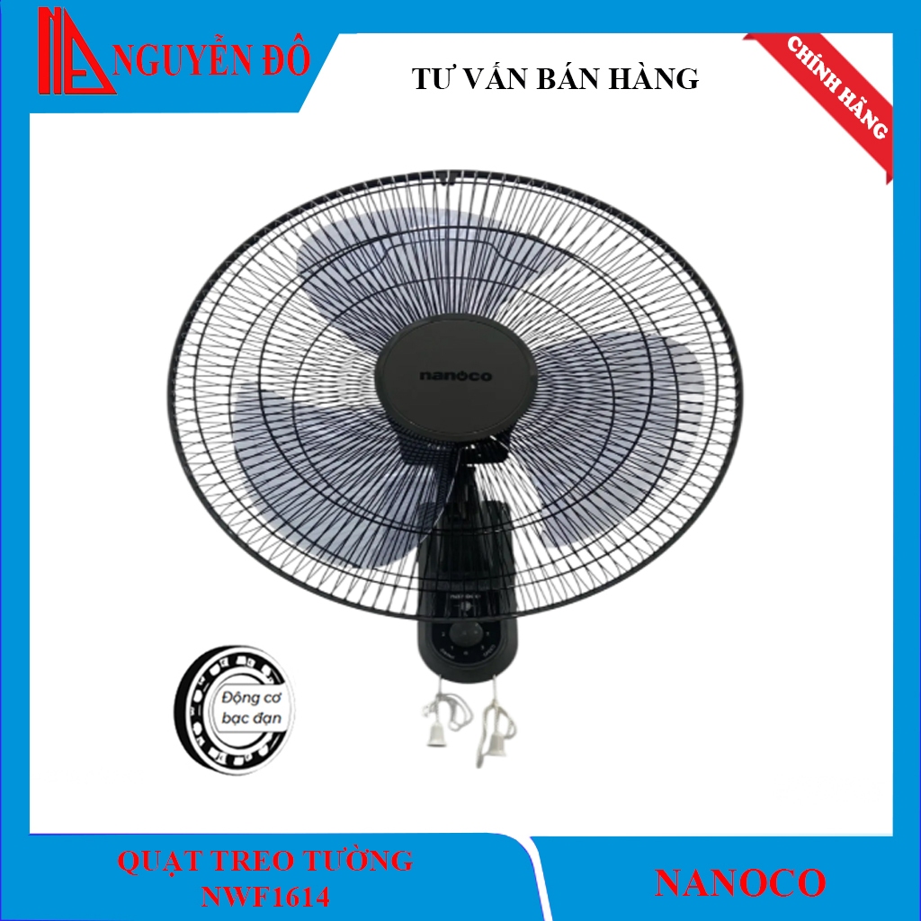 Quạt treo tường Nanoco giật 2 dây NWF1614GR, màu ghi, 3 cấp độ gió công suất 47w motor dây đồng sử d