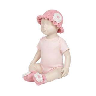 Set Nón Len & Giày Cho Bé Gái Sơ Sinh–1 Tuổi | Hồng Pastel – Trắng | Nón Bèo Kết Hoa