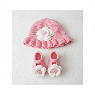 Set Nón Len & Giày Cho Bé Gái Sơ Sinh–1 Tuổi | Hồng Pastel – Trắng | Nón Bèo Kết Hoa