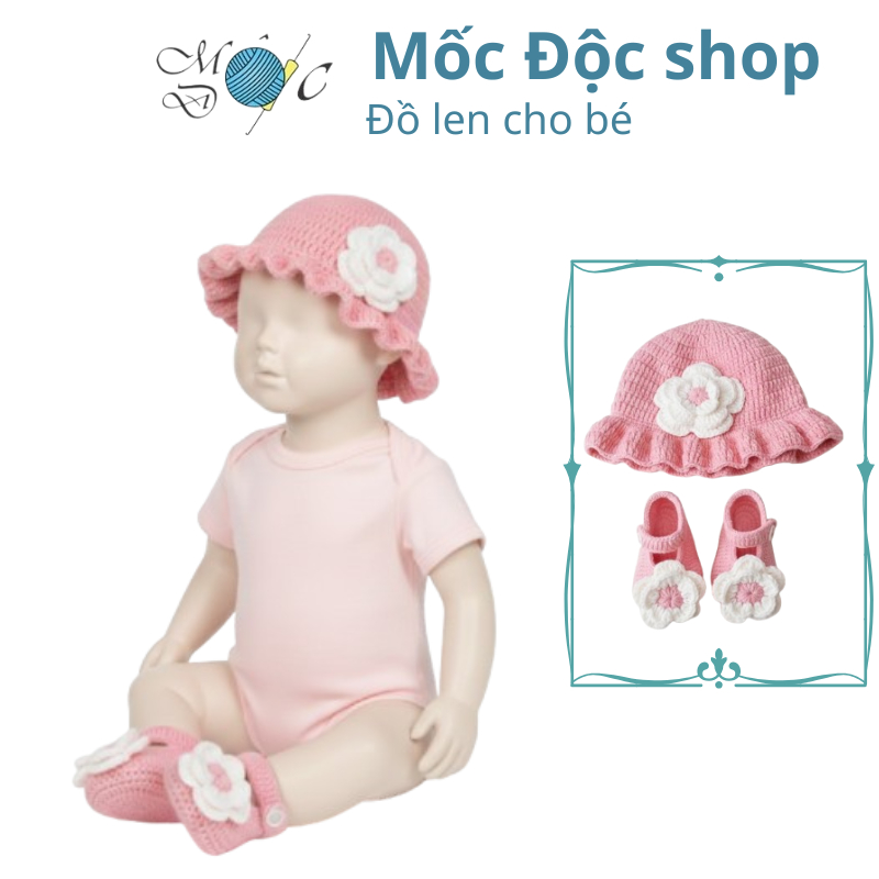 Set Nón Len & Giày Cho Bé Gái Sơ Sinh–1 Tuổi | Hồng Pastel – Trắng | Nón Bèo Kết Hoa