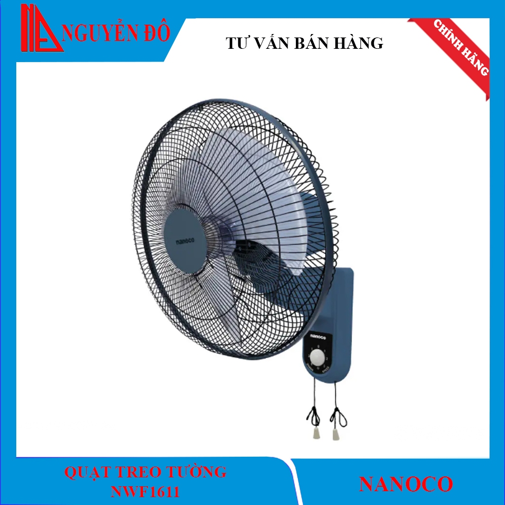 Quạt treo tường Nanoco giật 2 dây NWF1611, 3 màu Xanh/Xám/Beige, 3 cấp độ gió công suất 47w motor dâ