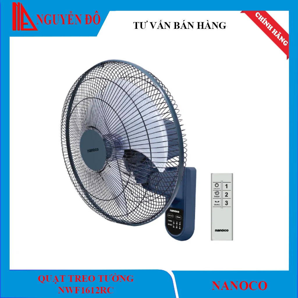Quạt treo tường Nanoco có remote NWF1612, 3 màu Xanh/Xám/Beige, 3 cấp độ gió công suất 47w motor dây