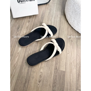 D165 - Dép nữ bệt quai chéo phối nơ chất da lì đế TPR chống trơn