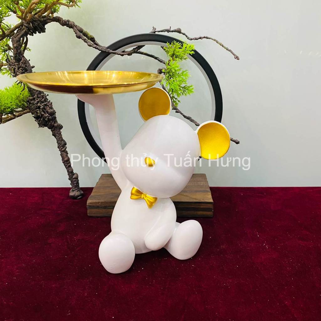 Tượng gấu decor bê khay, khay kim loại mạ vàng, đựng mĩ phẩm, chìa khoá..