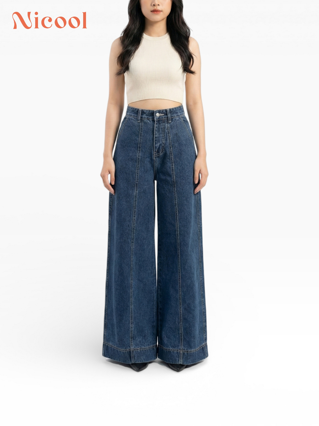 Quần Jean Nữ Ống Rộng Nicool May Ly Giữa Lưng Cao Tôn Dáng