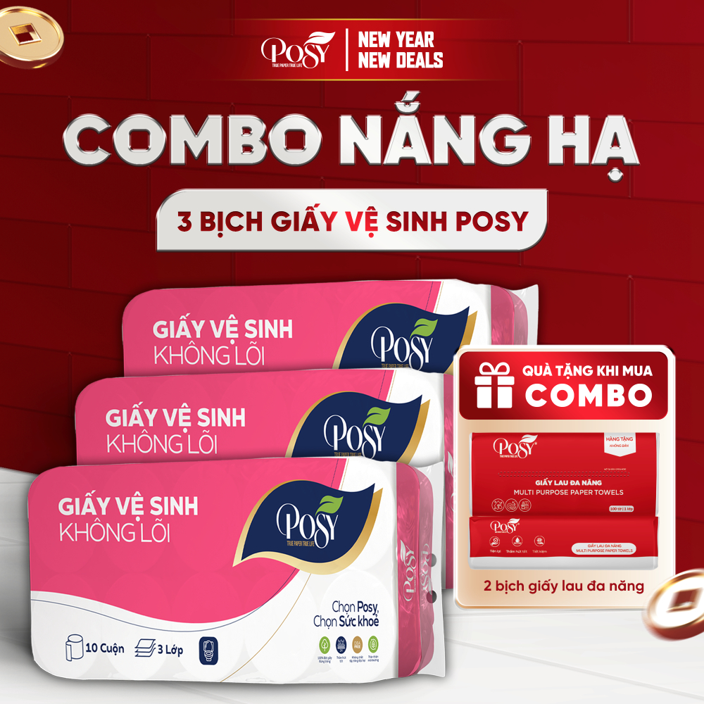 [COMBO NẮNG HẠ] - Combo 3 bịch giấy vệ sinh POSY 10 cuộn 3 lớp có lõi/ không lõi mềm mịn, dễ tan tro