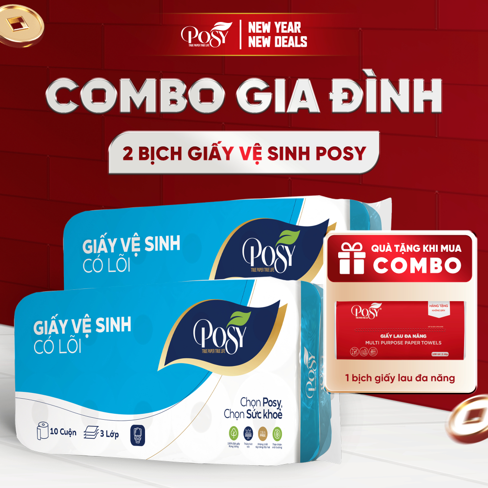 [LIVE KOL]_POSY_COMBO GIA ĐÌNH - 2 bịch Giấy vệ sinh POSY 10 cuộn 3 lớp không lõi - có lõi mềm dai t