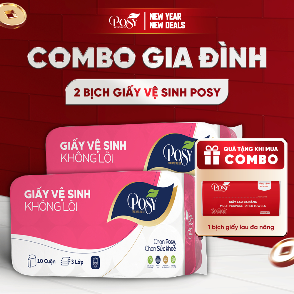 [COMBO GIA ĐÌNH] - MUA 2 BỊCH GVS POSY 10 CUỘN 3 LỚP CÓ LÕI - KHÔNG LÕI mềm mịn, tiết kiệm cho gia đ