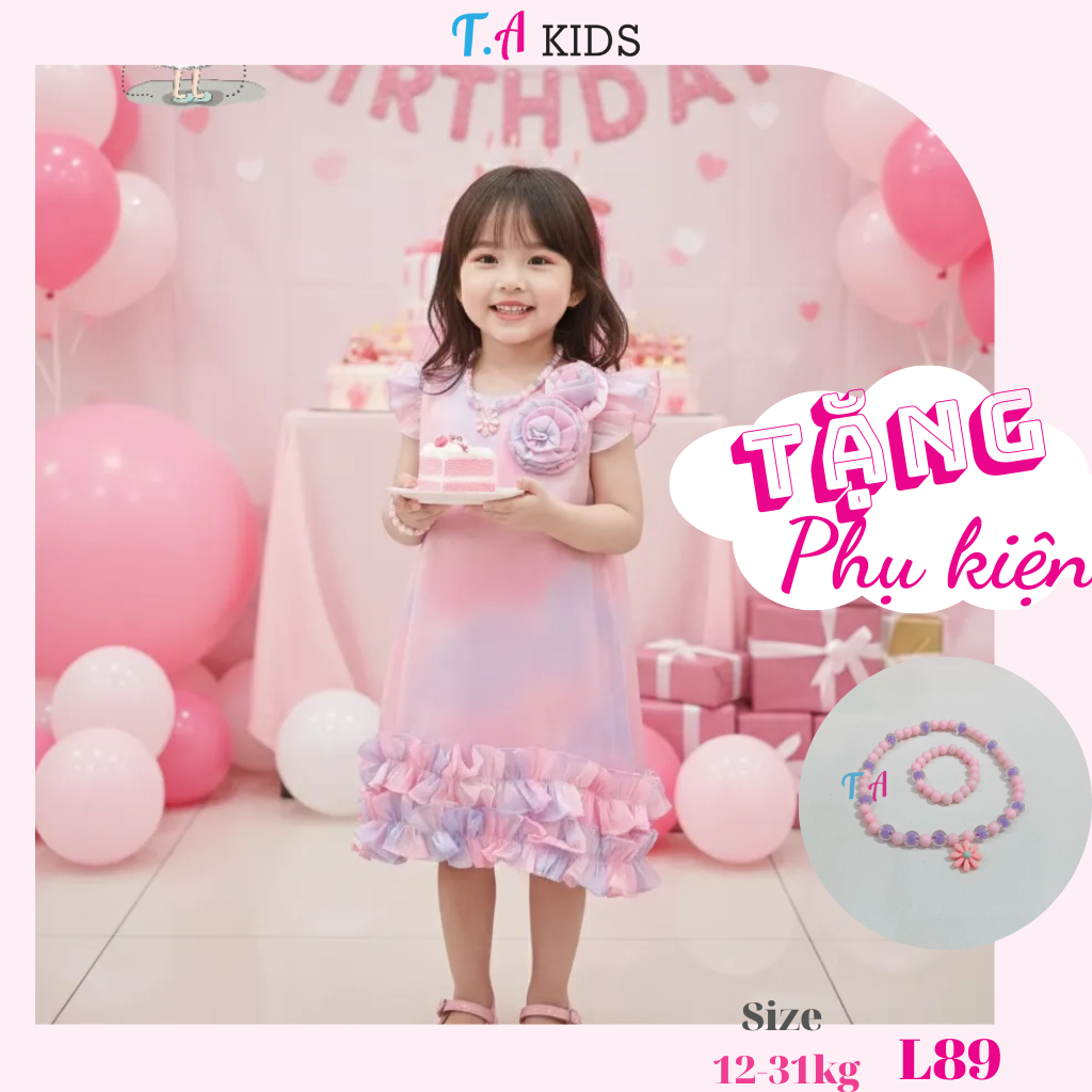 Váy hồng tím 2 hoa ngực 12-31kg T.A Kids L89