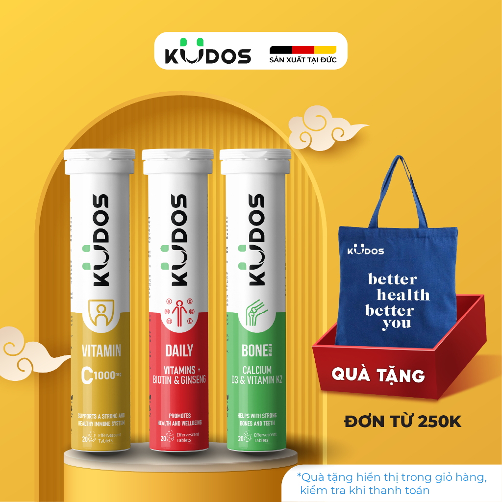 Combo 3 Thực phẩm bảo vệ sức khỏe KUDOS VITAMIN C 1000MG + Viên Sủi KUDOS BONE + Viên Sủi KUDOS DAIL