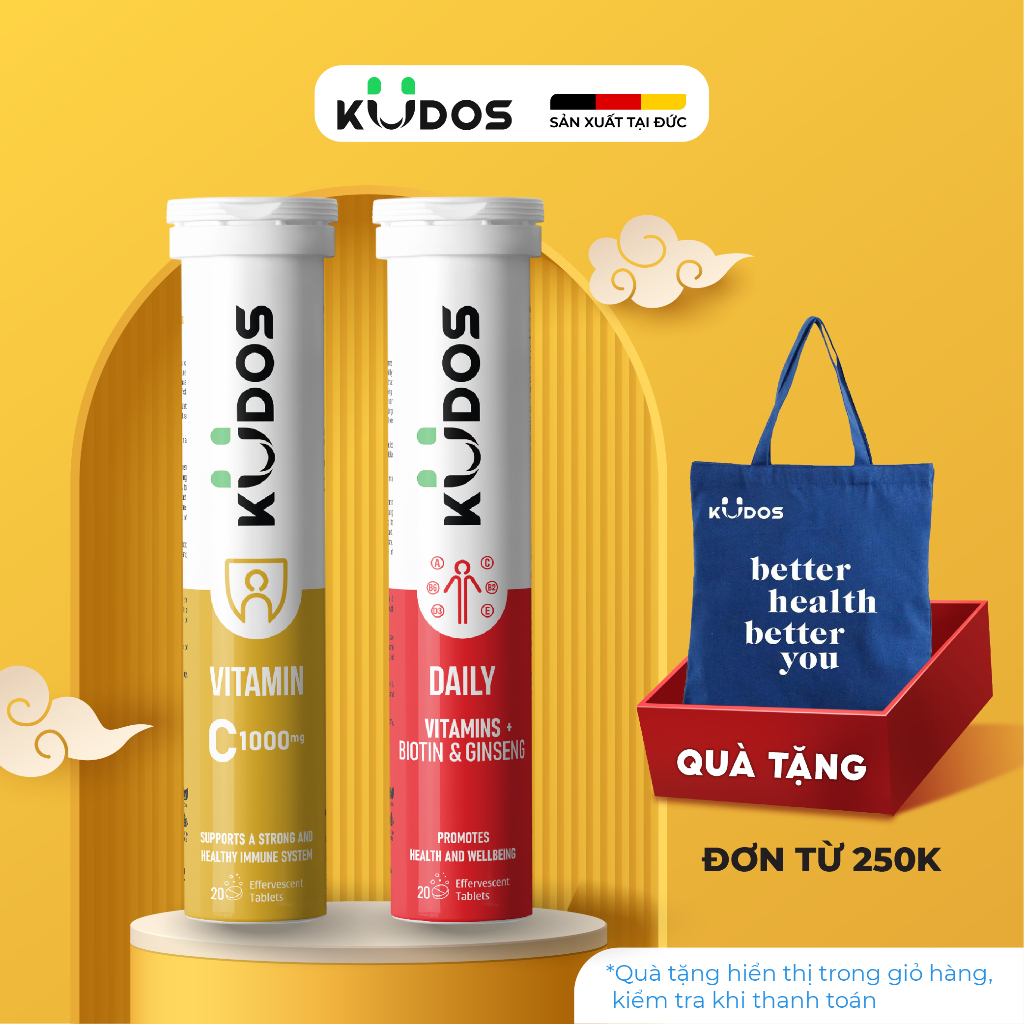 Combo Thực phẩm bảo vệ sức khỏe KUDOS DAILY VITAMINS PLUS BIOTIN & GINSENG + KUDOS VITAMIN C 1000MG 