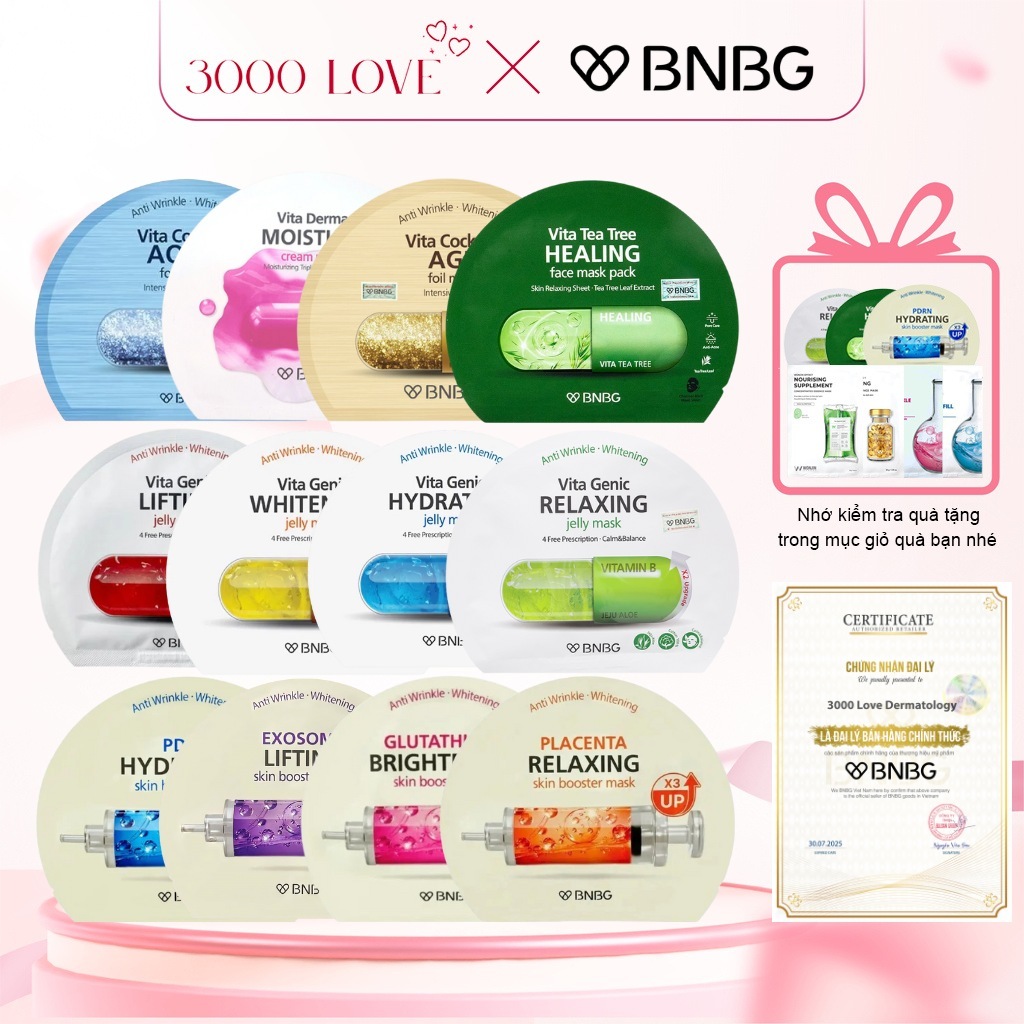 Mặt nạ BNBG Vita Genic Jelly Mask và BNBG Skin Booster dưỡng ẩm, làm sáng, thư giãn - 3000 Love
