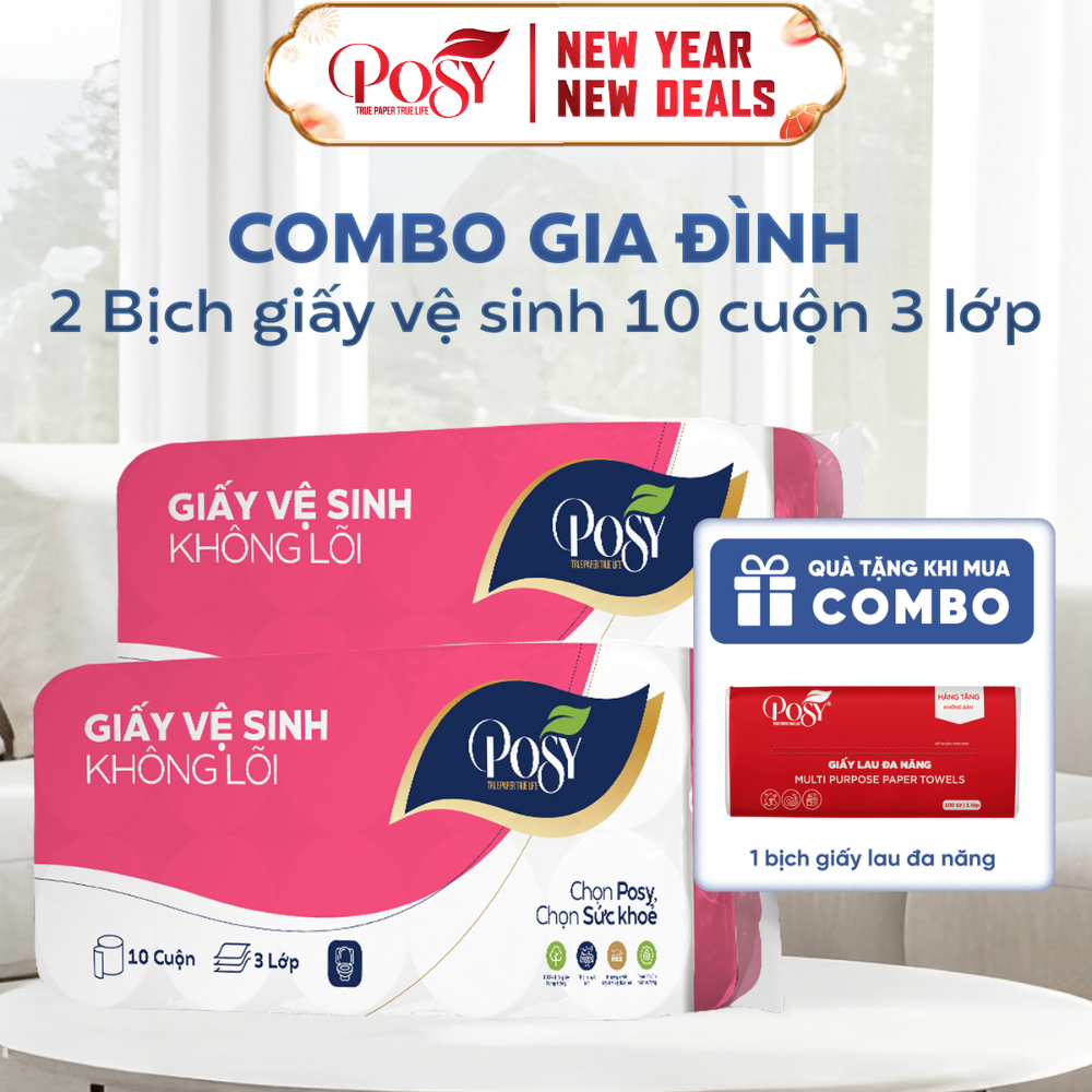 S6.COMBO GIA ĐÌNH -GỒM 2 BỊCH GVS 10 cuộn 3 lớp Posy (1.6kg/bịch) mềm mịn, dịu nhẹ, siêu tiết kiệm c