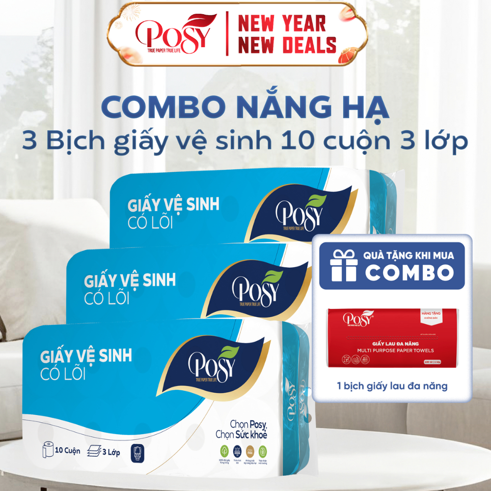 S6 [COMBO NẮNG HẠ] Combo 3 Bịch GVS Posy 10 cuộn 3 lớp (1.6kg/bịch), giấy mềm mịn, làm từ bột giấy t