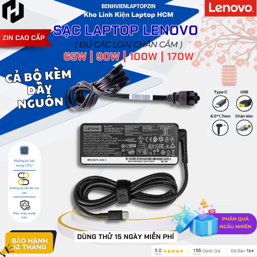 Sạc Laptop Lenovo, Type C, Chân Vuông USB, 45W 65W 135W, Sạc Máy Tính Lenovo, Sạc Thinkpad, Cục sạc 