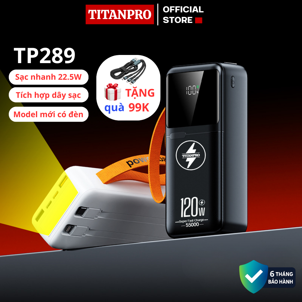 Pin sạc dự phòng dung lượng 55000mah sạc nhanh 22,5W có dây cắm nhiều điện thoại - TITANPRO TP289