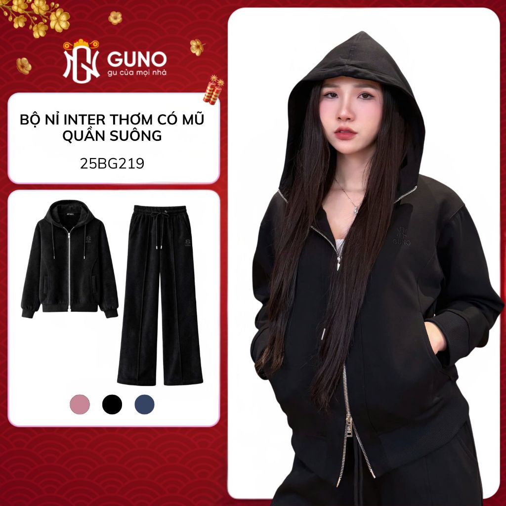 Bộ Quần Áo Nỉ Nữ INTER THƠM GUNO Cao Cấp Có Mũ Khoá Kéo 2 Chiều Kèm Quần Suông Logo Thêu 25BG219