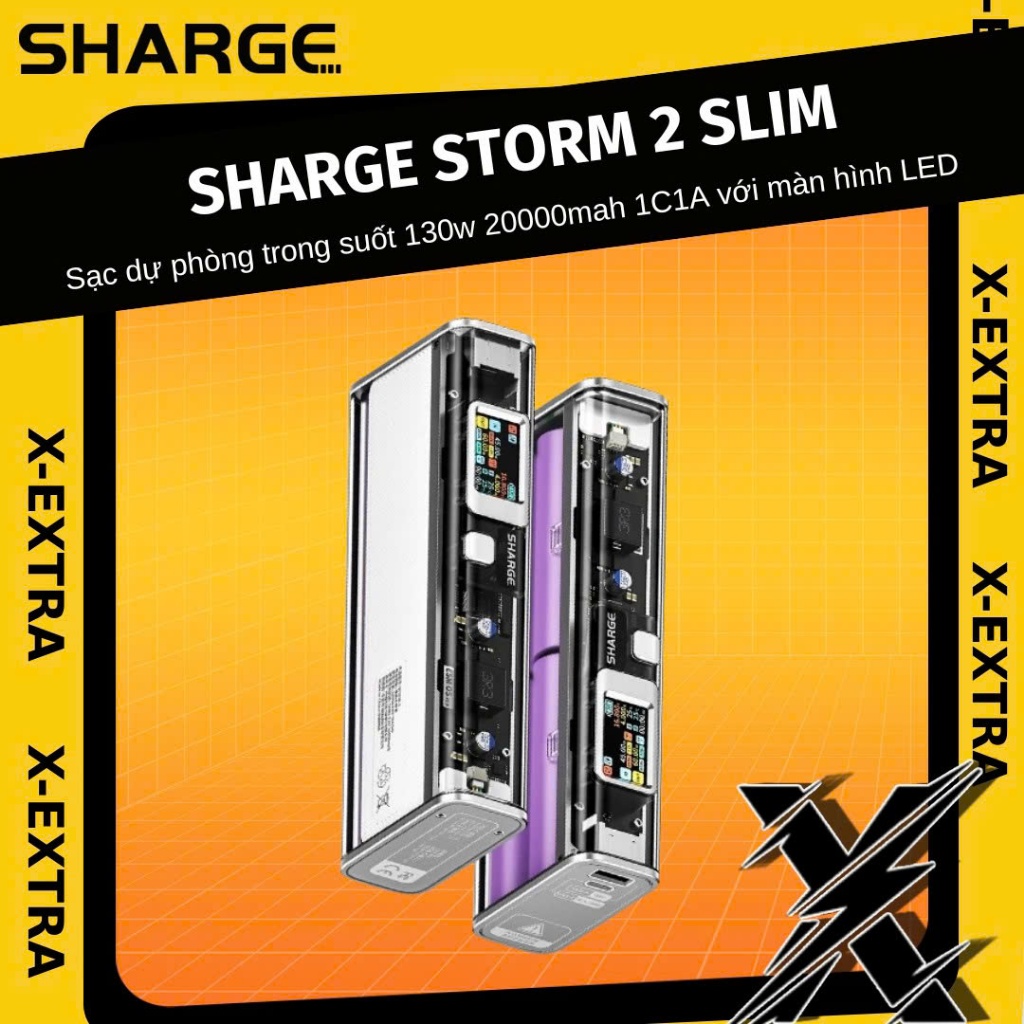 Sạc dự phòng trong suốt xuyên thấu SHARGE Storm 2 Slim 130w 20000mah 1C1A siêu nhỏ gọn với màn hình 