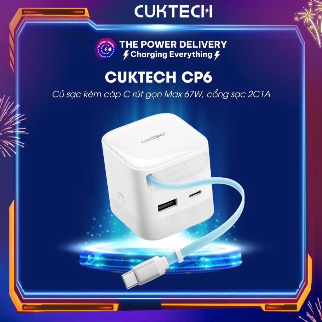 Củ Sạc GaN CUKTECH CP6 Kèm Cáp C Rút Gọn | Công Suất Sạc MAX 67W | Cổng Sạc 2C1A | Bảo hành 18 Tháng