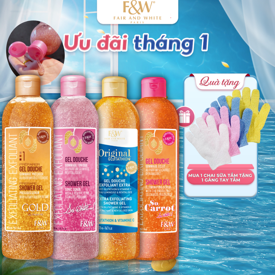 [Tặng1 găng taytắm] Sữa tắm có hạt tẩy da chết toàn thân FAIR AND WHITE 475ml và 940ml giúp làm sạch