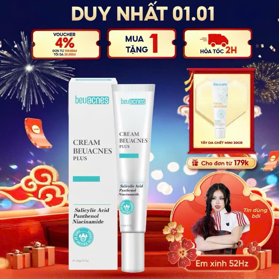 [Pass KOC 99%][Đã Mở Seal] ￼Kem giảm mụn nhanh 24h BEUACNES PLUS mụn trứng cá, chiết xuất rau má, hỗ