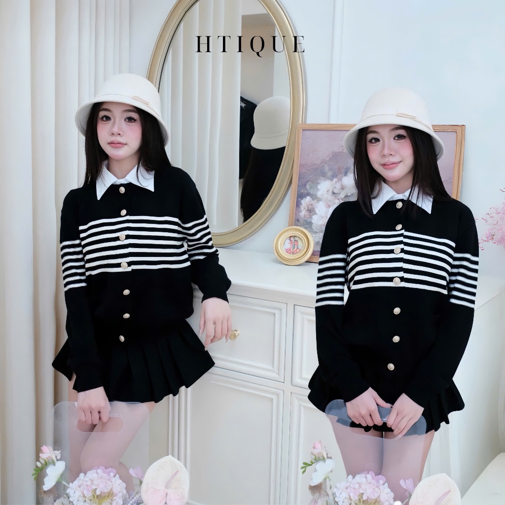 (BST Thu Đông HTIQUE) DEAL mở bán Áo cardigan vibe tiểu thư sang chảnh, Áo len dệt kim kẻ ngang basi
