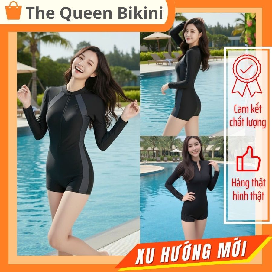 Bikini một mảnh đồ bơi nữ liền khóa kéo quần đùi màu đen tay ngắn & dài phối xám kín đáo The Queen 008