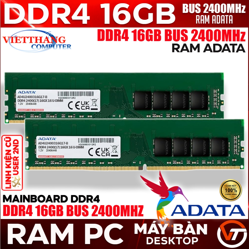 Ram Máy Tính Adata DDR4 PC 16GB Bus 2400MHz Chính hãng TLC Ram cũ đã qua sử dụng ( Cũ - 2nd )