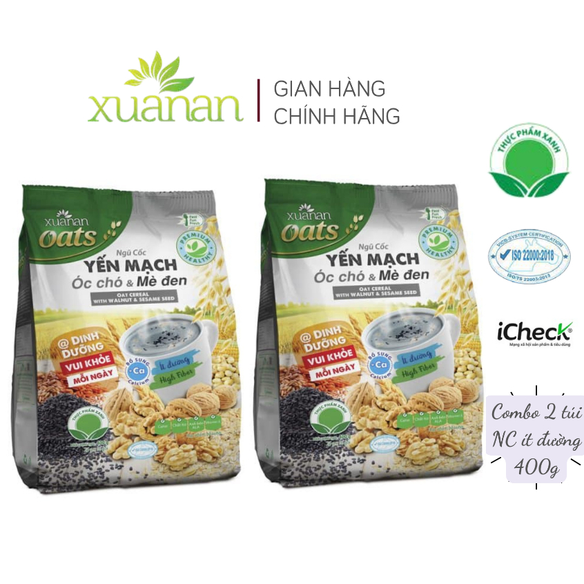 Combo 2 túi Ngũ Cốc Yến Mạch Óc Chó & Mè Đen Xuân An [ít đường] 400G {25g*16 gói}