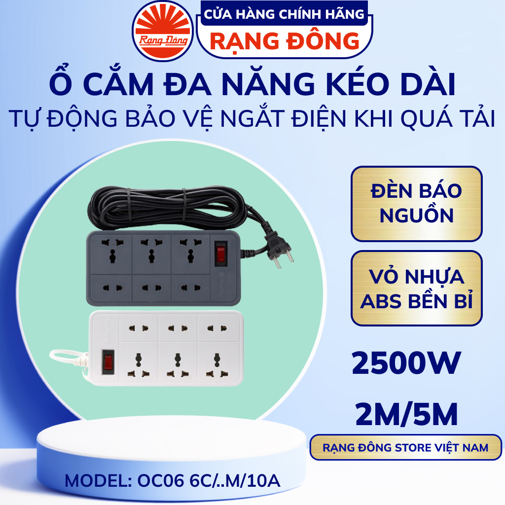 Ổ Cắm Điện Đa Năng Kéo Dài Rạng Đông 2m 5m OC06 nhiều ổ Chịu Tải Tốt Chịu Nhiệt Tự Động Ngắt Khi Quá
