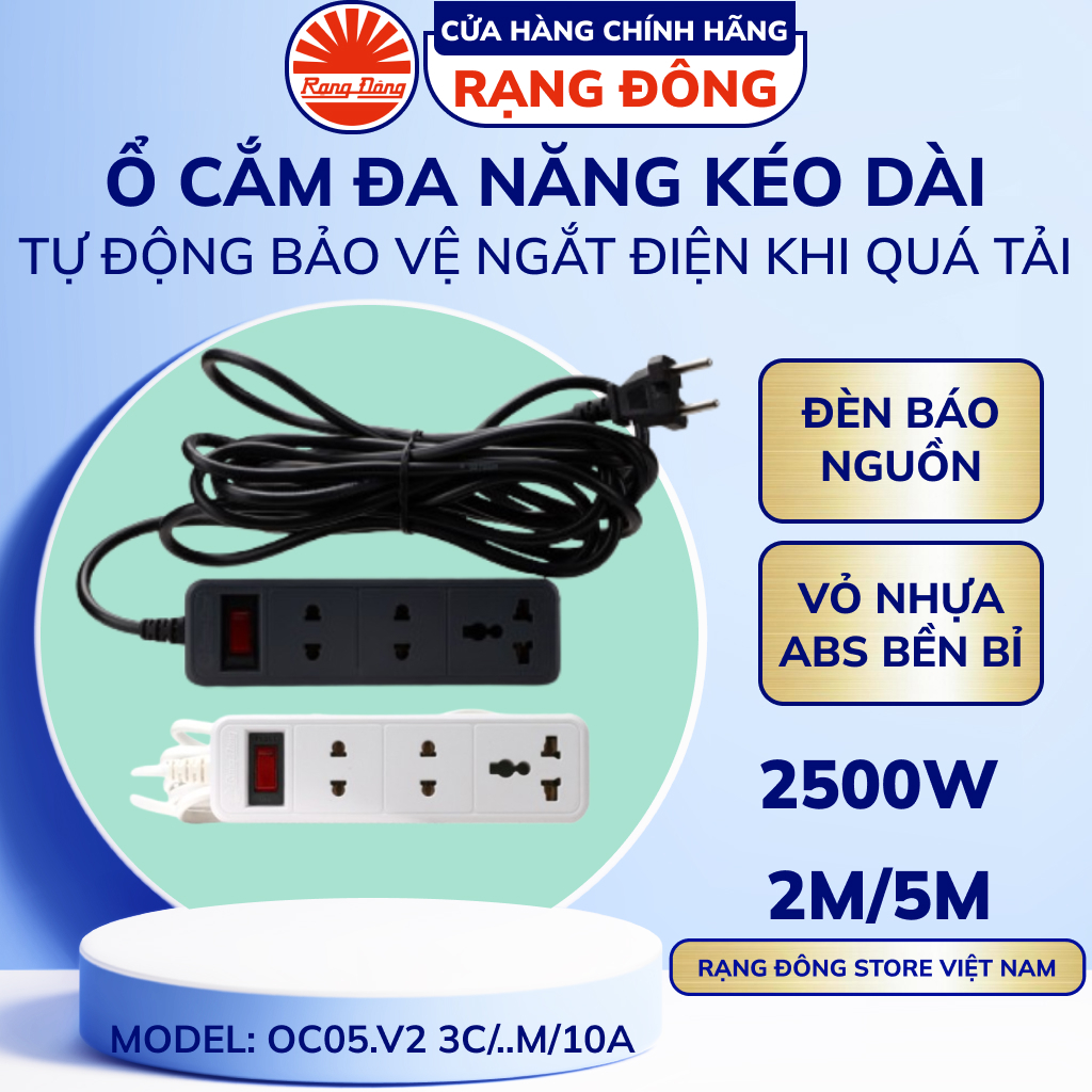 Ổ Cắm Điện Đa Năng Kéo Dài Rạng Đông 2m 5m OC05 nhiều ổ Chịu Tải Tốt Chịu Nhiệt Tự Động Ngắt Khi Quá