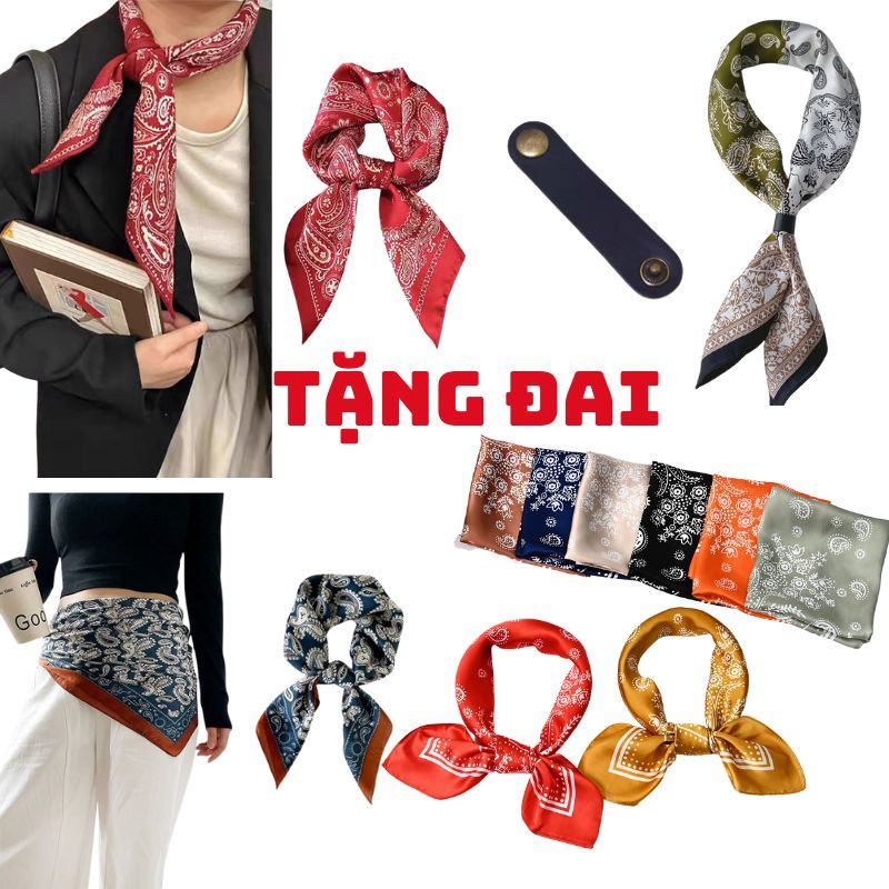 Khăn bandana satin lụa vuông nam nữ kèm đai 70x70cm