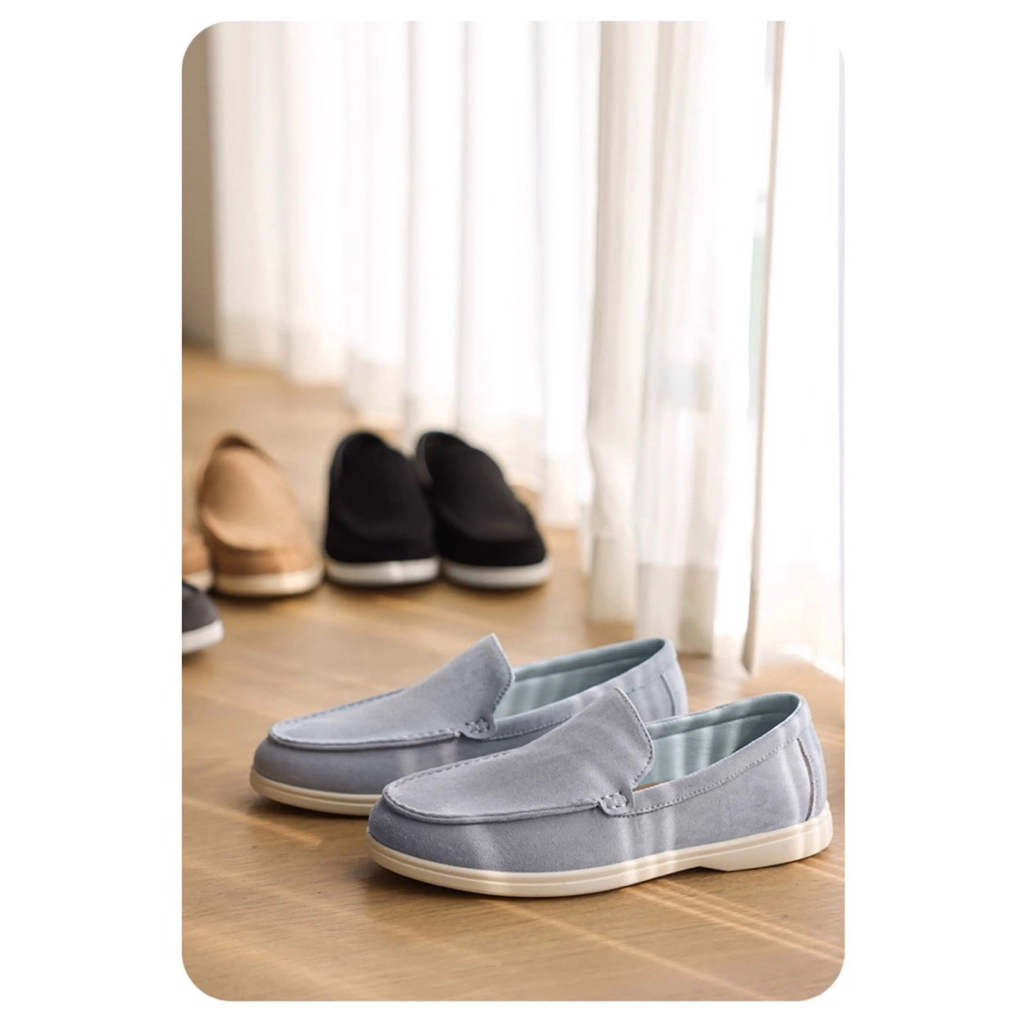 giầy da loafers da lộn đế bệt , giầy lười nam đế bệt da thật nâu be Dustino