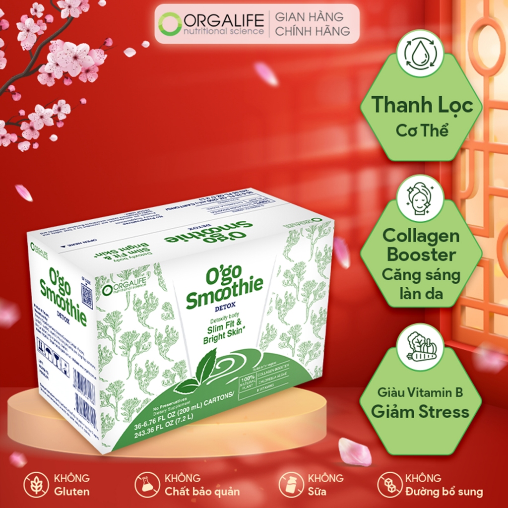 Thùng 36 Hộp O'GO SMOOTHIE DETOX - Căng sáng làn da, thanh lọc cơ thể (200ml/Hộp)