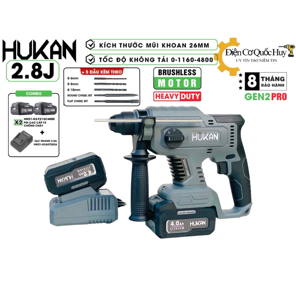 Máy khoan đục bê tông pin HUKAN Gen2 Pro RH2900BL Không chổi than anti kickback Tặng 5 Mũi khoan đục
