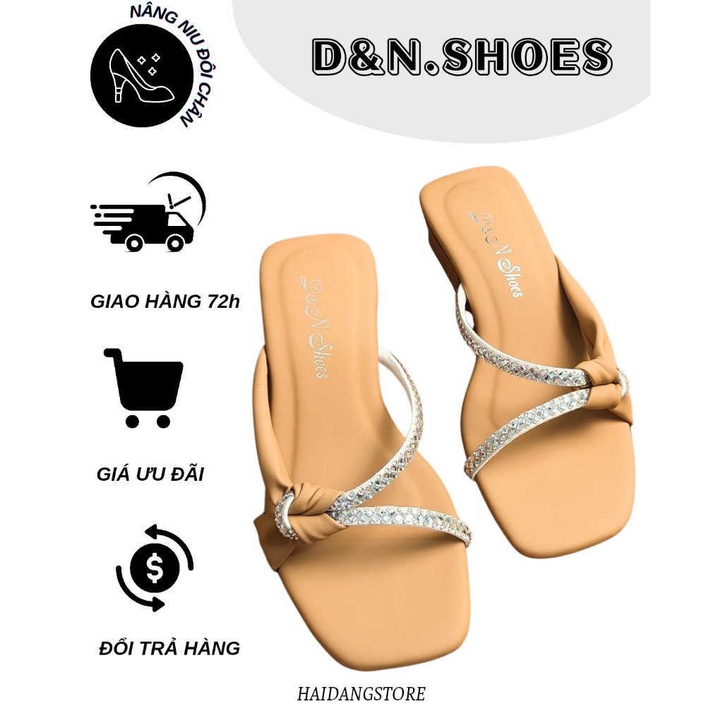 Guốc cao gót nữ mũi vuông, quai phối xoàn một bên D&N Shoes        ( xoàn rút 3P)