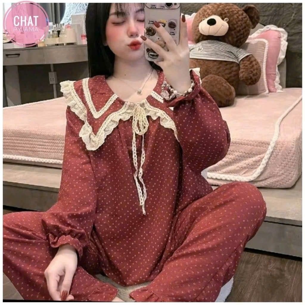 SÉT BỘ DÀI PYJAMA KẺ CỔ BÈO VIỀN REN SIU HOT  SIZE (40-60KG) CHAT DD1529