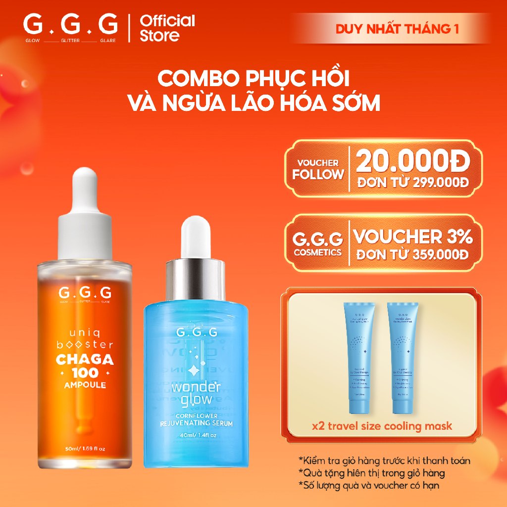 Combo Tinh Chất Phục Hồi Trẻ Hóa Da GGG Booster Chaga 100 Ampoule & Rejuvenating Serum 50ml x 40ml
