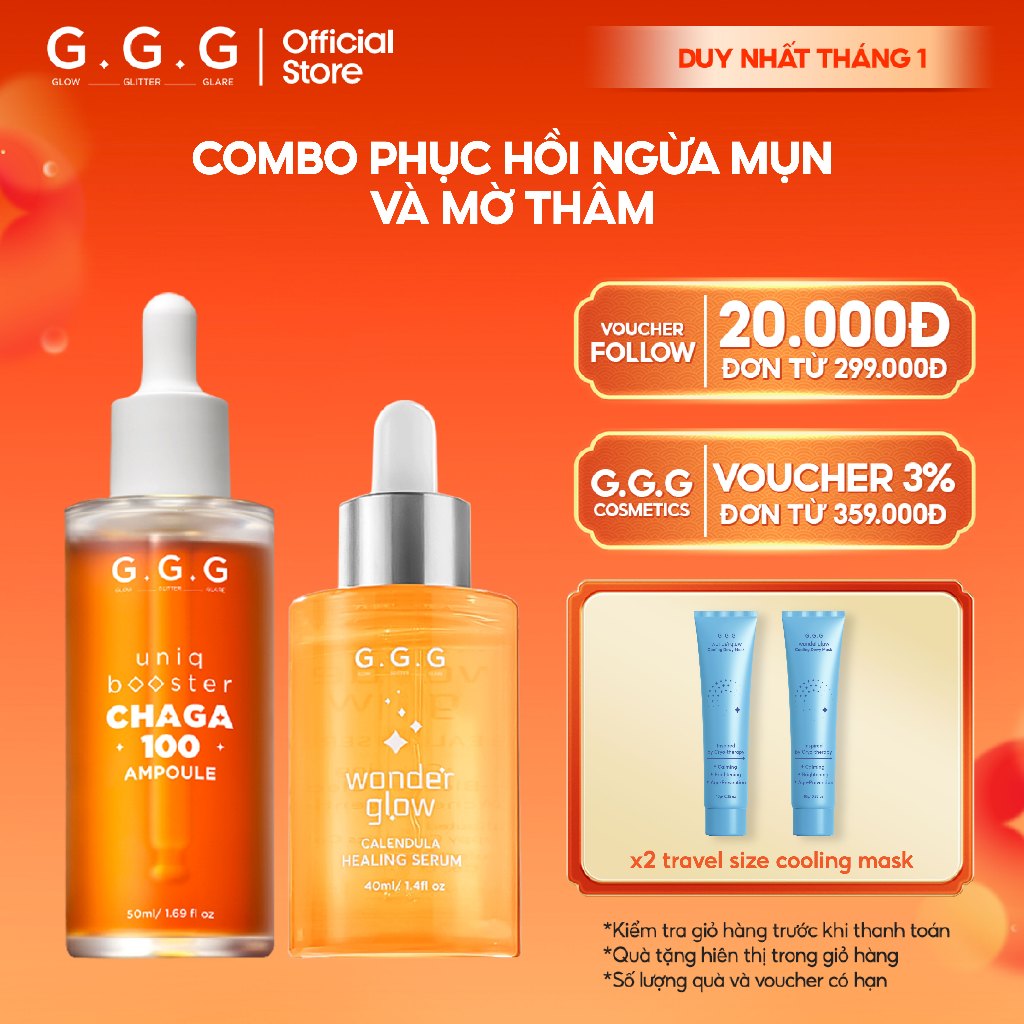 Combo Tinh Chất Phục Hồi Da Khỏe & Mờ Thâm Giảm Mụn GGG Booster Chaga 100 Ampoule 50ml & Healing Ser