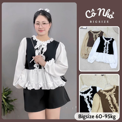 Set Tiểu Thư Bigsize Nữ Áo Kiểu Babydoll Tay Dài Bồng Phối Bèo Xinh Xắn Mix Quần Đùi A336+Q500
