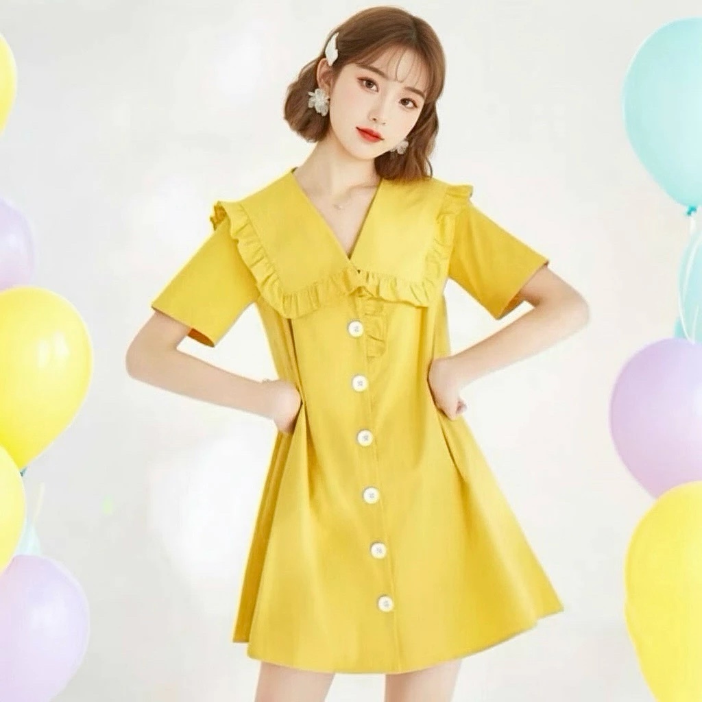 Đầm váy freesize vàng cổ bèo nút trắng