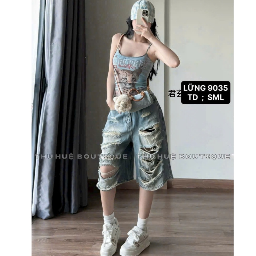 Quần Jean Lửng Nữ Rách Form Rộng Baggy Cá Tính, Quần Short Jean Ống Rộng Streetwear SML