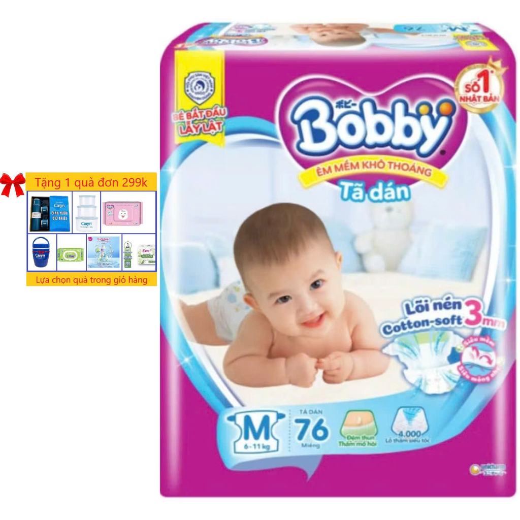 Tã Dán Trẻ Em Bobby Size M 76 Miếng ( M76 Cho Bé 6 Đến 11 Kg) - Bỉm Dán Bobby  M