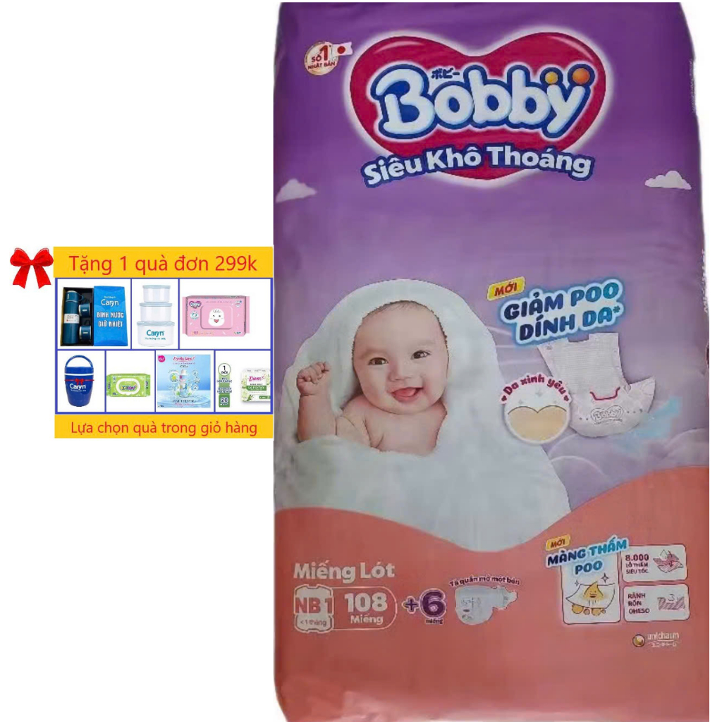 (Dùng Kèm Tã Vải Tam Giác) Miếng lót Bobby Newborn 1 108 miếng - Bobby NB1 108 -  Tặng thêm 6 miếng 