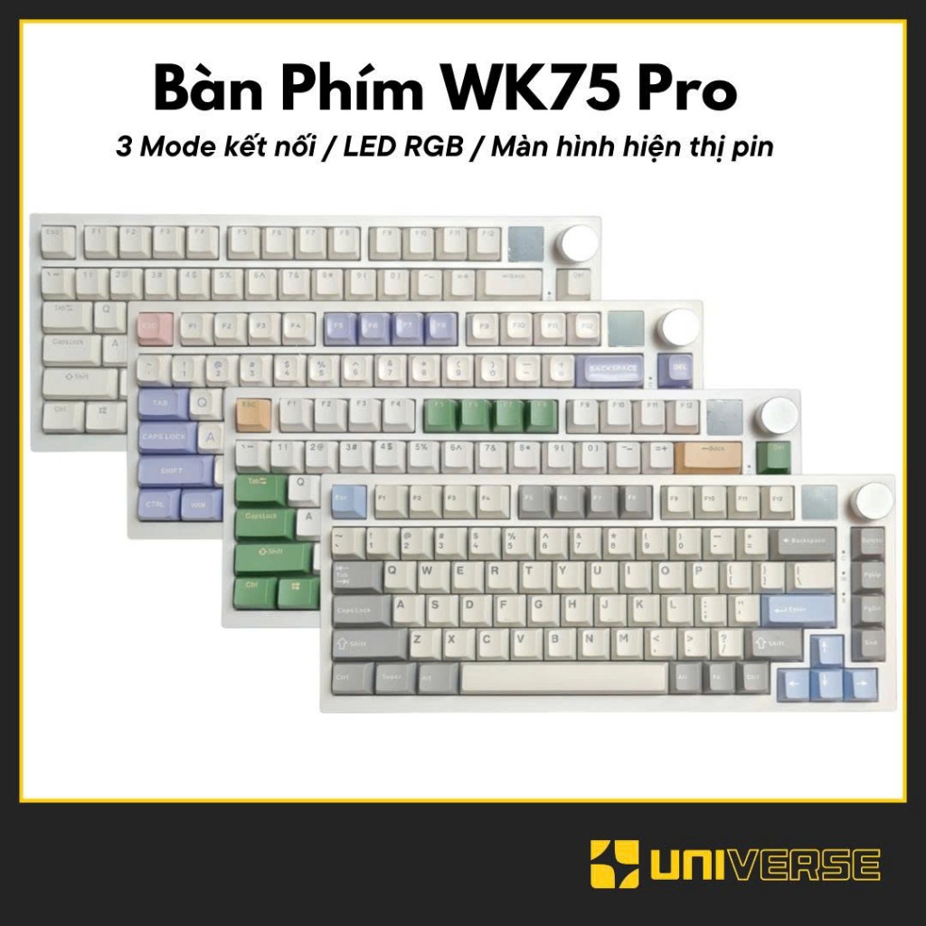 Bàn phím cơ WK75 Pro 3 mode bàn phím bluetooth, 2.4ghz, dây, rgb, gasket, hotswap màn hình Weikav K7