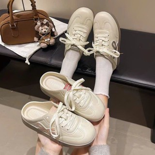 (Tăng 1 size) Giày thể thao nữ lai sục hở gót, hoạ tiết nơ, chất nhựa PU mềm không thấm nước, Saki