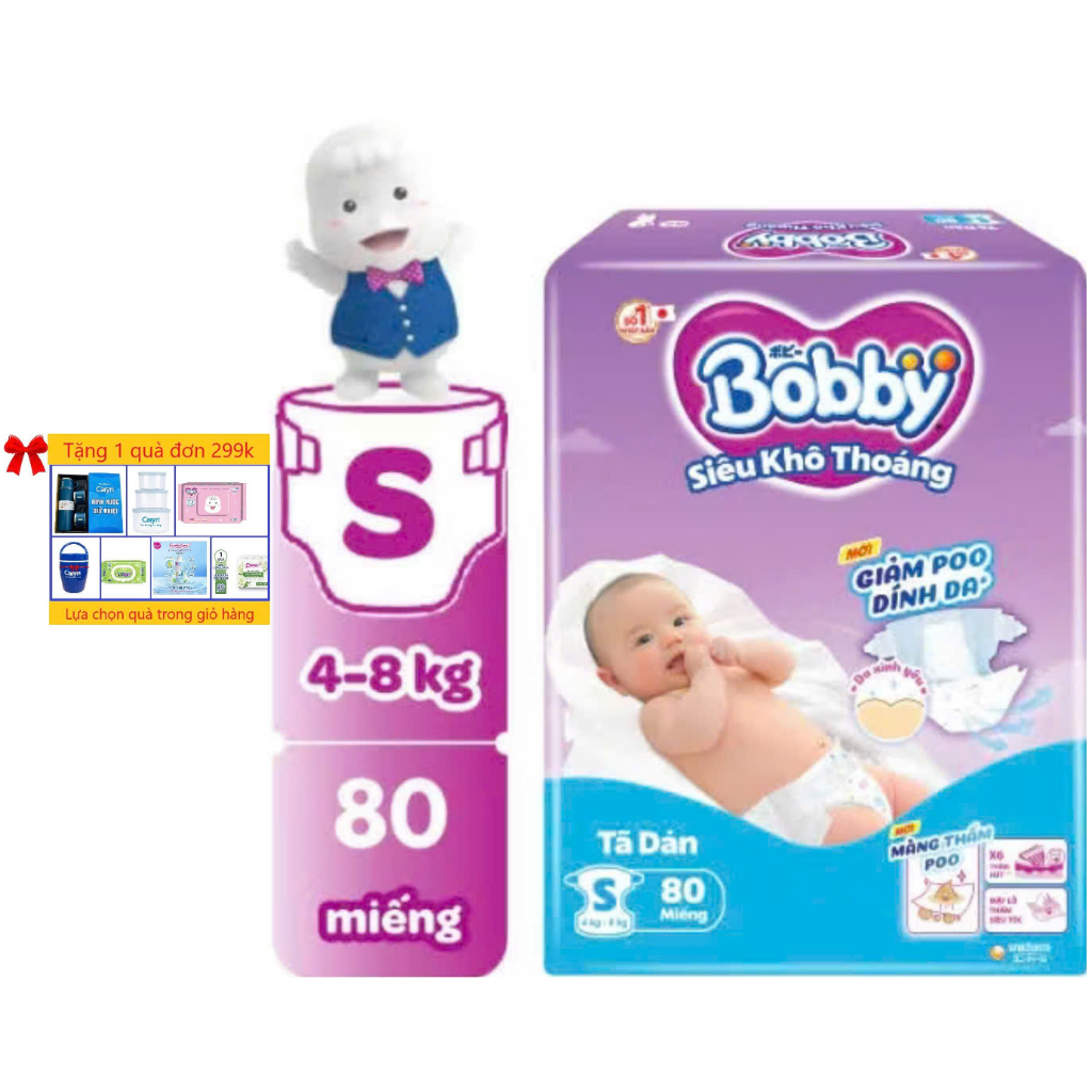 Tã Dán Trẻ Em Bobby Size S 80 Miếng ( S80 Cho Bé 4 Đến 8 Kg) - Bỉm Dán Bobby Size S