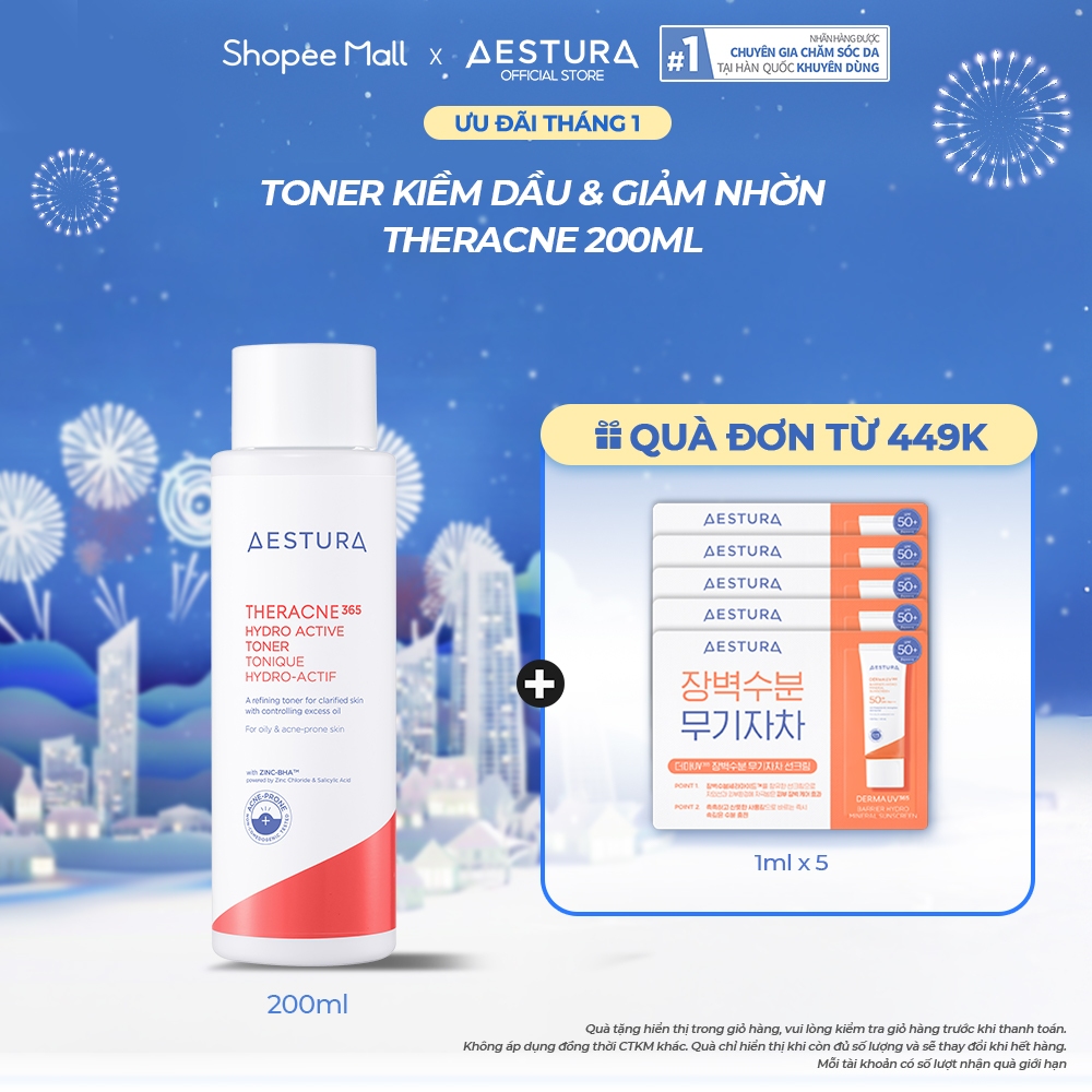 Toner cấp ẩm và kiểm soát bã nhờn dành cho da dầu mụn AESTURA THERACNE365 Hydro Active Toner 200ml